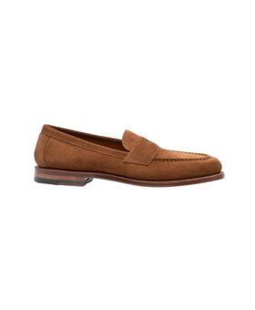 Bourbon brown suede penny loafer with leather sole, side product view