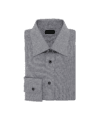 Light grey cotton pique dress shirt with spread collar and dark buttons, folded flat lay
