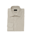 Sand linen dress shirt with spread collar and white buttons, folded flat lay