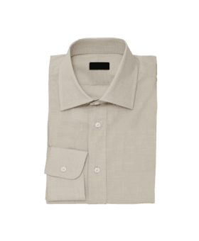 Sand linen dress shirt with spread collar and white buttons, folded flat lay