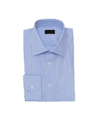 Sky blue dress shirt with white awning stripes, spread collar and barrel cuffs, folded flat lay