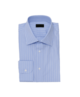 Sky blue dress shirt with white awning stripes, spread collar and barrel cuffs, folded flat lay
