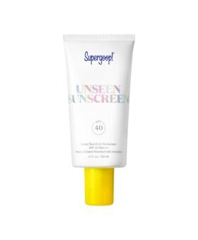 Unseen Sunscreen SPF 40 in a white tube with yellow cap, 1.7 fl oz, product packaging shot