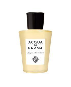 Colonia bath and shower gel in a clear bottle of pale yellow gel with a black cap, product shot