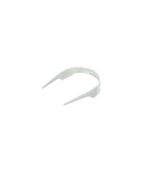 White plastic collar stay holder with adjustable notches, shown on its own