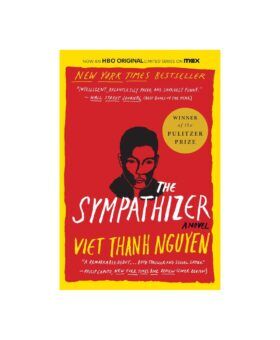 Paperback cover of The Sympathizer by Viet Thanh Nguyen, red and yellow with a face illustration, front view