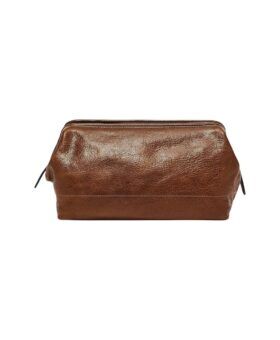 Brown pebbled leather travel dopp kit with top zip closure, flat product view