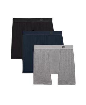 Boxer briefs three-pack in black, navy and heather grey with logo waistbands, flat lay