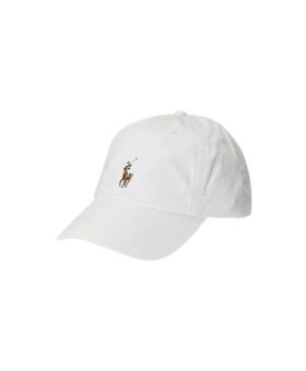 White cotton twill baseball cap with embroidered polo player logo, product shot