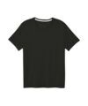 Black cotton crew neck short-sleeve tee with contrast white inner collar, flat lay