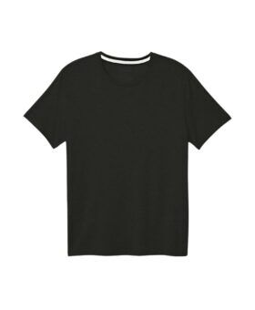 Black cotton crew neck short-sleeve tee with contrast white inner collar, flat lay