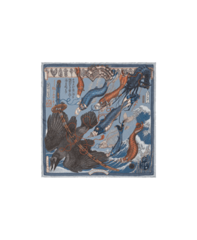 Blue silk pocket square printed with a crow, koi streamers and cresting waves, flat