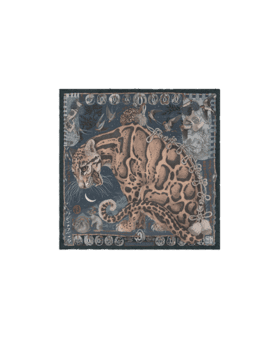 Dark slate silk pocket square printed with a clouded leopard and coin border, flat