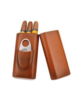 Tan leather three-finger cigar case with a stainless cutter, shown open with cigars