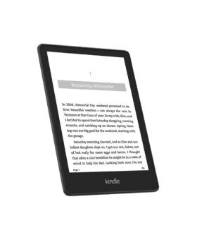 Black Amazon Kindle Paperwhite e-reader displaying a page of text, at an angle