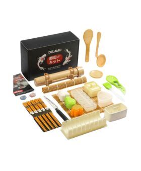 Delamu sushi making kit with bamboo mats, moulds, chopsticks, paddles and a black box