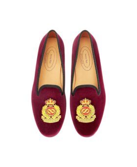 Pair of burgundy velvet smoking slippers with gold bullion crest embroidery, from above