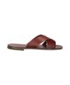 Brown leather crossover slide sandal with stacked leather sole, side view