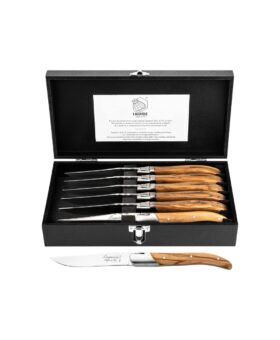 Six Laguiole steak knives with olive wood handles in a black presentation box