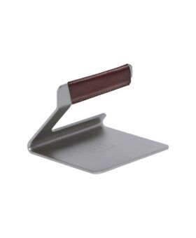 Stainless steel grill press with a burgundy leather-wrapped handle