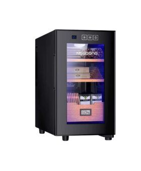 Black glass-fronted electric cigar humidor and cooler stocked with cigar boxes