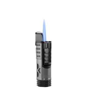 Gunmetal Xikar tactical single jet cigar lighter with the flame lit