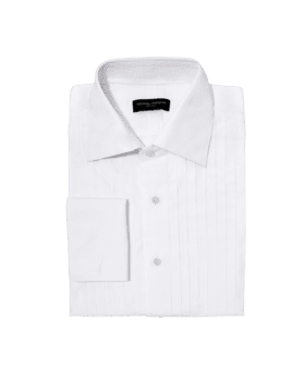 White pleated front dress shirt with a point collar and French cuffs, folded flat lay