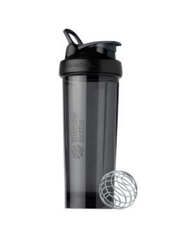 Black BlenderBottle Pro shaker bottle with flip lid and wire mixing ball