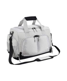 Grey FocusGear gym duffle bag with honeycomb panels, mesh pockets and shoulder strap