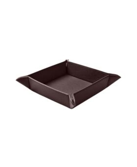 Square dark brown leather valet tray with snap corners, on a white background