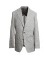 Light grey hopsack sport coat with notch lapels and patch pockets, on a black background
