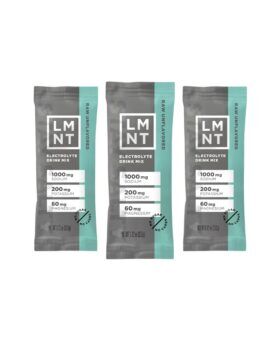 Three LMNT Raw Unflavored electrolyte drink mix sachets in grey and teal, flat lay