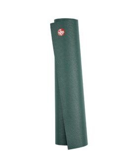 Rolled dark green Manduka PRO yoga mat with red logo badge