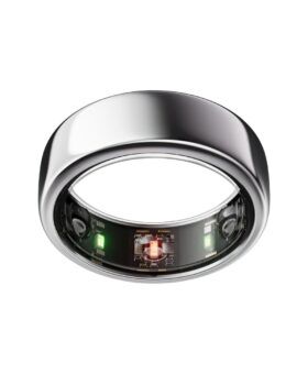 Silver Oura Gen3 Horizon smart ring showing the internal sensors and green LEDs