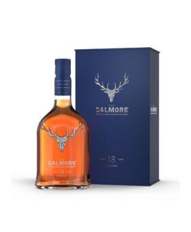 Dalmore 18 Year Old single malt Scotch whisky bottle with stag emblem beside its navy gift box