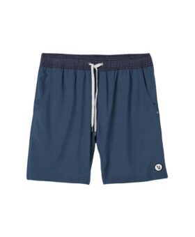 Navy Vuori Kore athletic shorts with drawstring waist and side pockets, flat lay