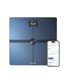 Navy Withings Body Smart scale showing a muscle reading, beside a phone with the companion app