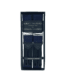 Navy solid suspenders with silver hardware and black leather ends, in a gift box