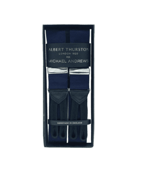 Navy solid suspenders with silver hardware and black leather ends, in a gift box