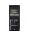 Black moire suspenders with silver hardware and leather ends, in a gift box