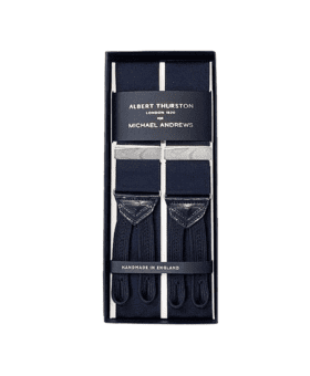 Navy solid suspenders with silver hardware and leather ends, in a gift box