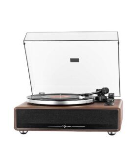 Walnut belt-drive turntable with a clear dust cover and built-in speakers