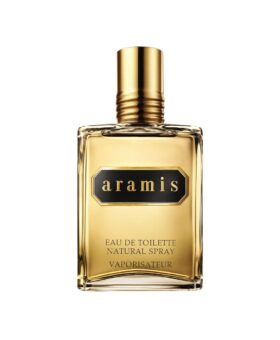 Aramis eau de toilette in a gold-toned glass bottle with a black label, product shot