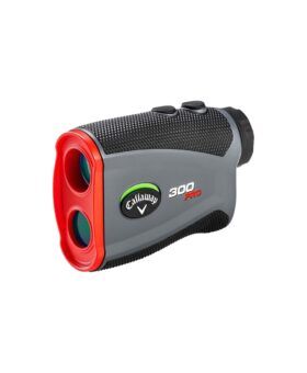 Grey and red golf laser rangefinder with twin lenses, angled product view