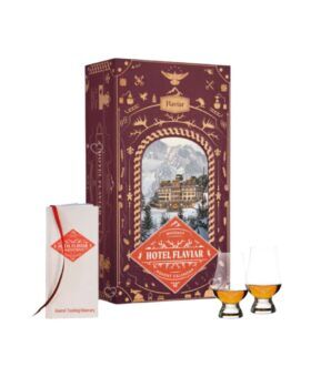 Burgundy whisky advent calendar box with an alpine hotel illustration and two glasses