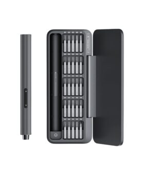 Grey electric precision screwdriver beside a case of bits, angled product view