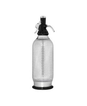 Mesh-wrapped stainless steel soda siphon with a black lever top