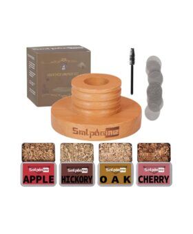 Wooden cocktail smoker top beside four tins of wood chips and a brush