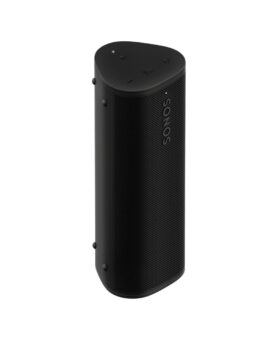 Black portable speaker with a triangular profile and mesh grille, angled view