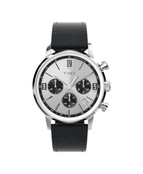 Steel chronograph watch with a silver dial, tachymetre bezel and black strap